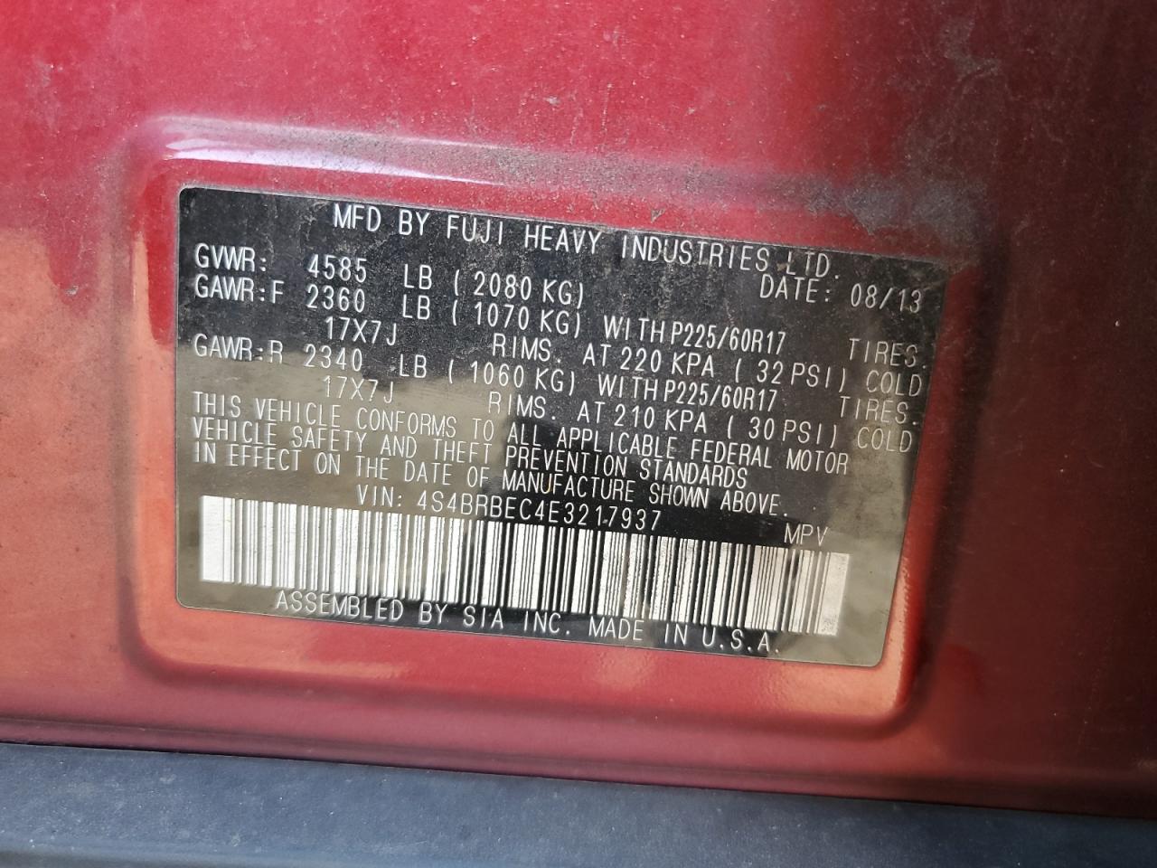 2014 Subaru Outback VIN 4S4BRBEC4E3217937 Copart auction photo, rear end / minor dent/scratches damage thumbnail 12