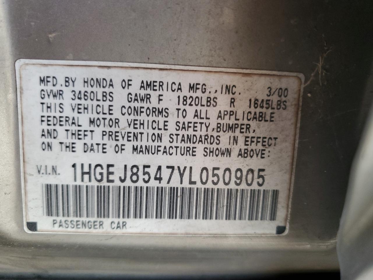 2000 Honda Civic VIN 1HGEJ8547YL050905 Copart auction photo, minor dent/scratches damage thumbnail 12