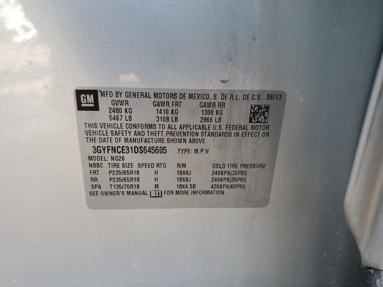 2013 Cadillac SRX VIN 3GYFNCE31DS645605 Copart auction photo, front end / minor dent/scratches damage thumbnail 13