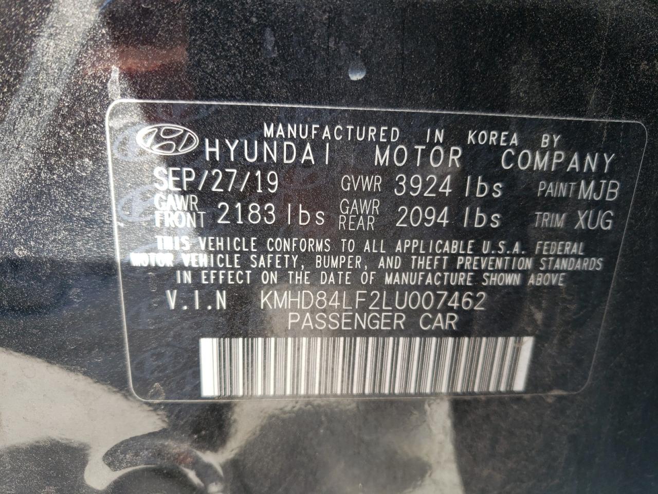 2020 Hyundai Elantra VIN KMHD84LF2LU007462 Copart auction photo, front end / hail damage thumbnail 12