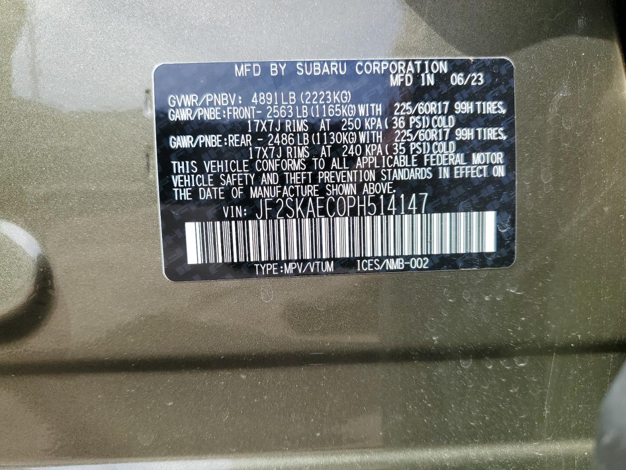 2023 Subaru Forester VIN JF2SKAEC0PH514147 Copart auction photo, rollover / side damage thumbnail 14