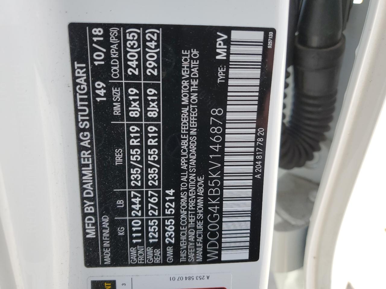 2019 Mercedes-Benz GLC VIN WDC0G4KB5KV146878 Copart auction photo, all over / all over damage thumbnail 16