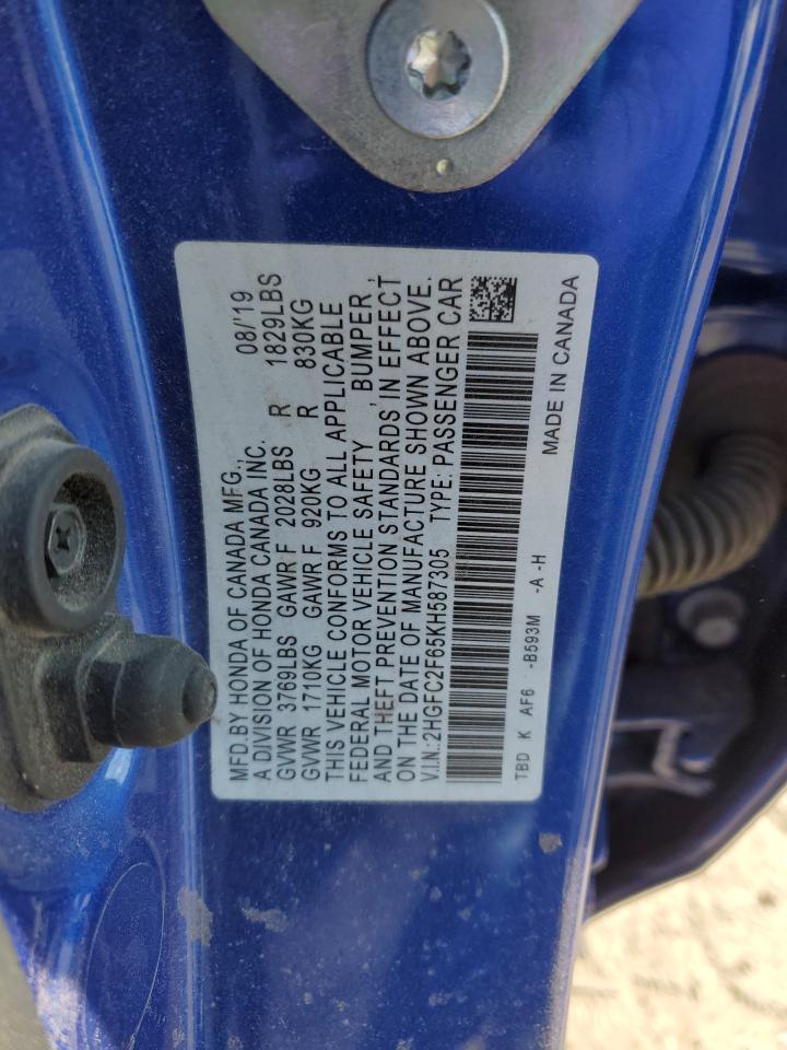 2019 Honda Civic VIN 2HGFC2F65KH587305 Copart auction photo, front end damage thumbnail 12