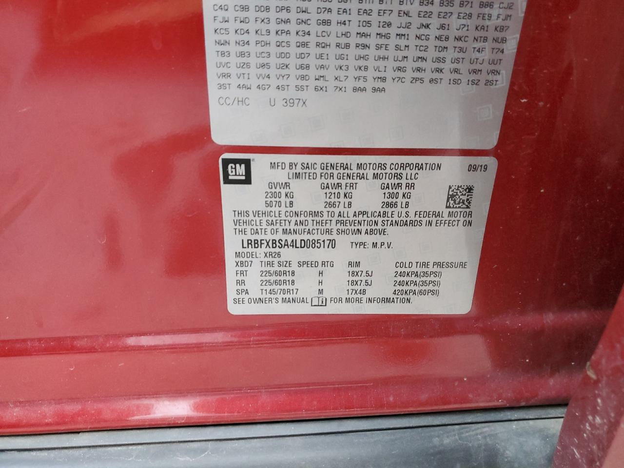 2020 Buick Envision VIN LRBFXBSA4LD085170 Copart auction photo, all over damage thumbnail 15