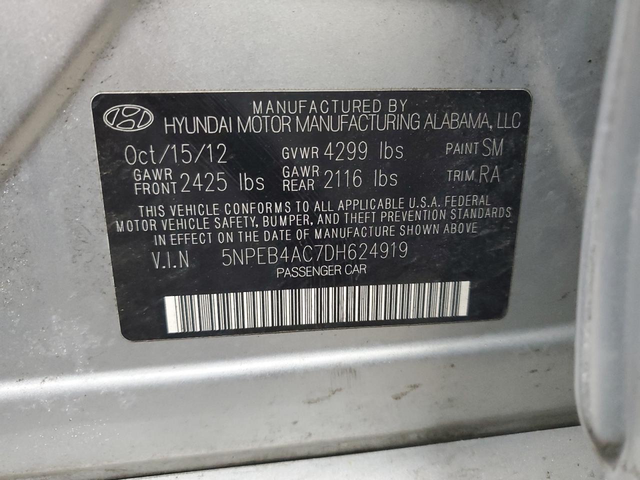 2013 Hyundai Sonata VIN 5NPEB4AC7DH624919 Copart auction photo, vandalism / all over damage thumbnail 12