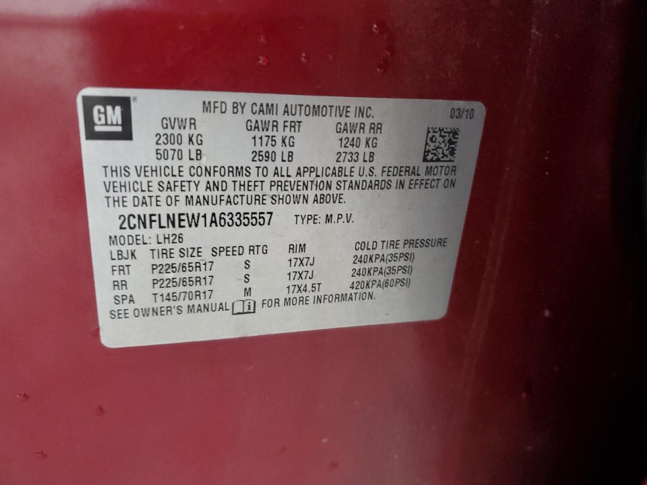 2010 Chevrolet Equinox VIN 2CNFLNEW1A6335557 Copart auction photo, front end / mechanical damage thumbnail 13