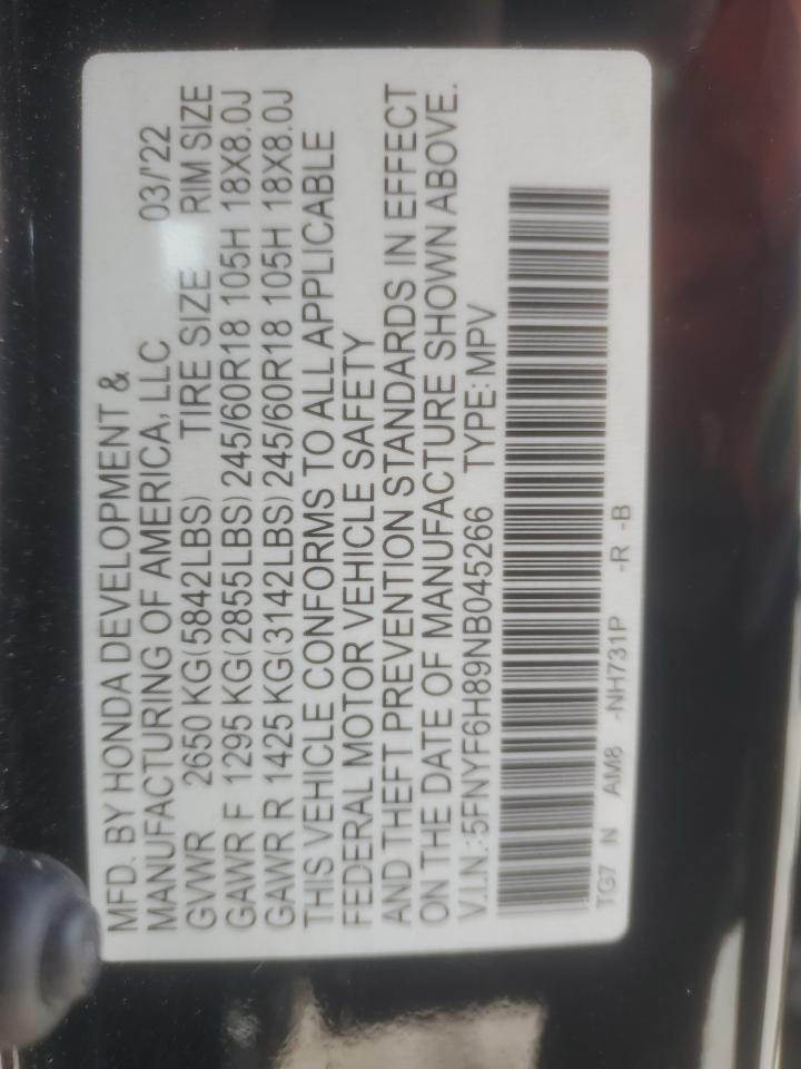 2022 Honda Pilot VIN 5FNYF6H89NB045266 Copart auction photo, all over damage thumbnail 16