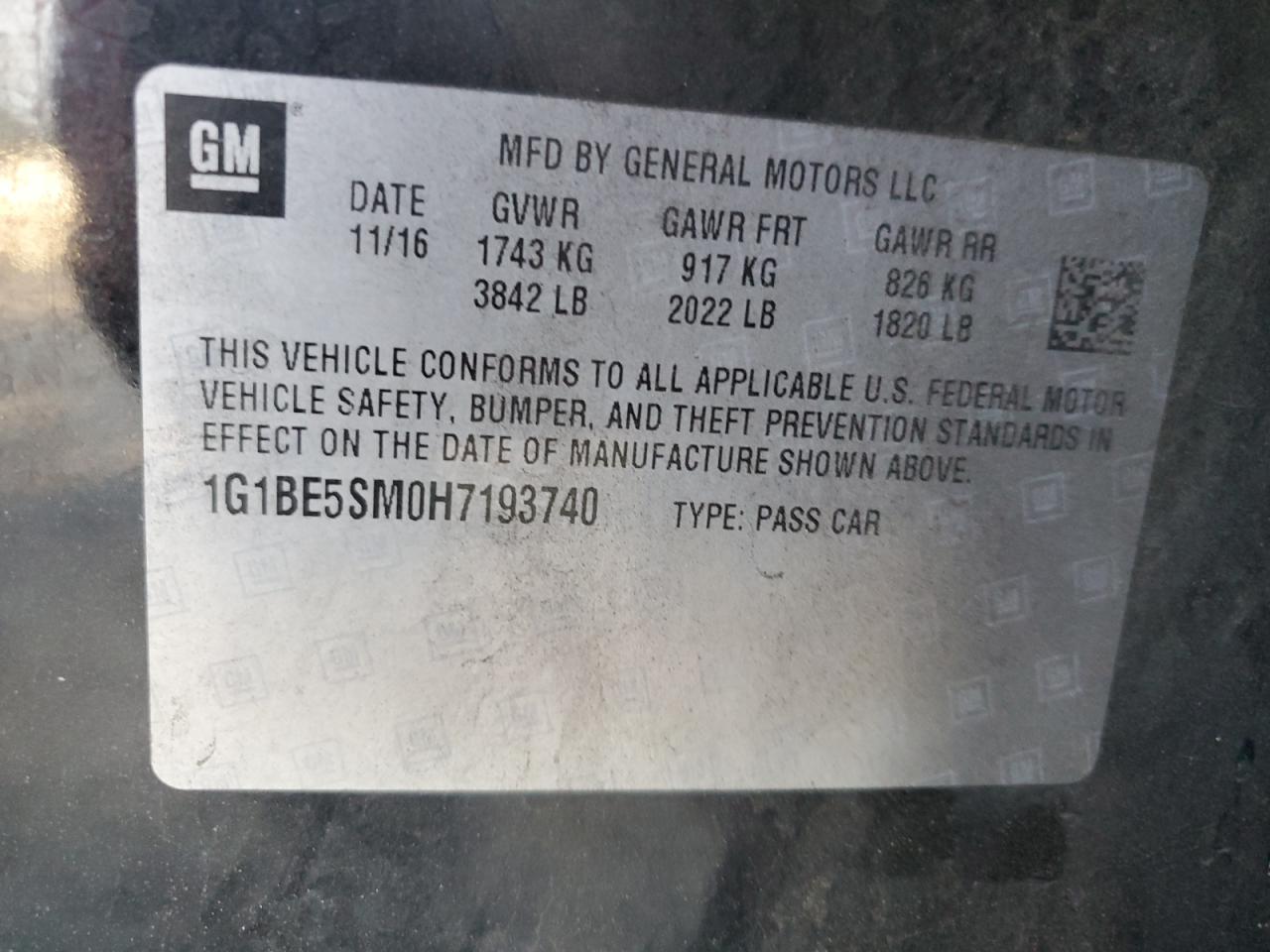 2017 Chevrolet Cruze VIN 1G1BE5SM0H7193740 Copart auction photo, rear end / minor dent/scratches damage thumbnail 13