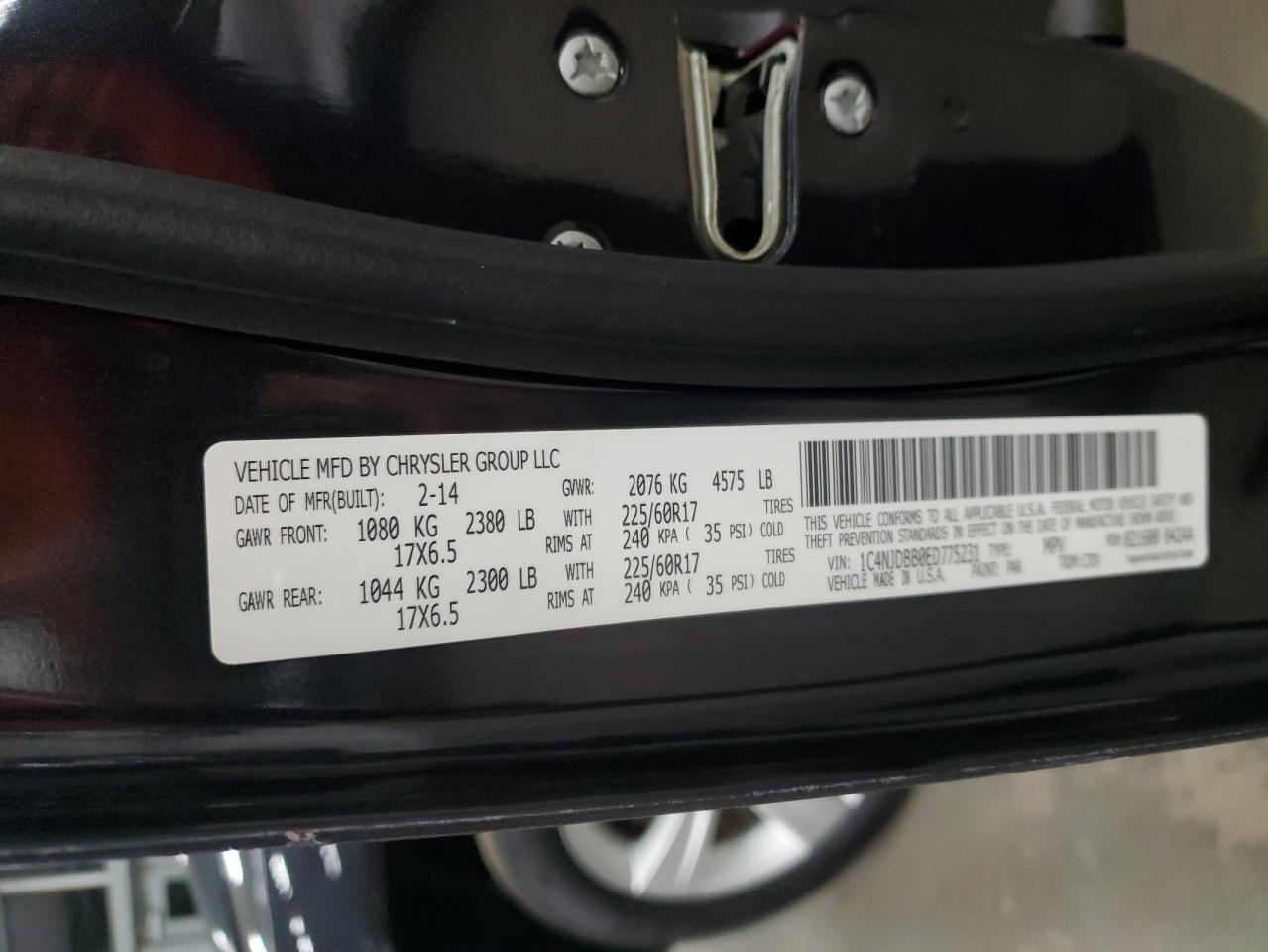 2014 Jeep Compass VIN 1C4NJDBB0ED775231 Copart auction photo, rear end / minor dent/scratches damage thumbnail 13