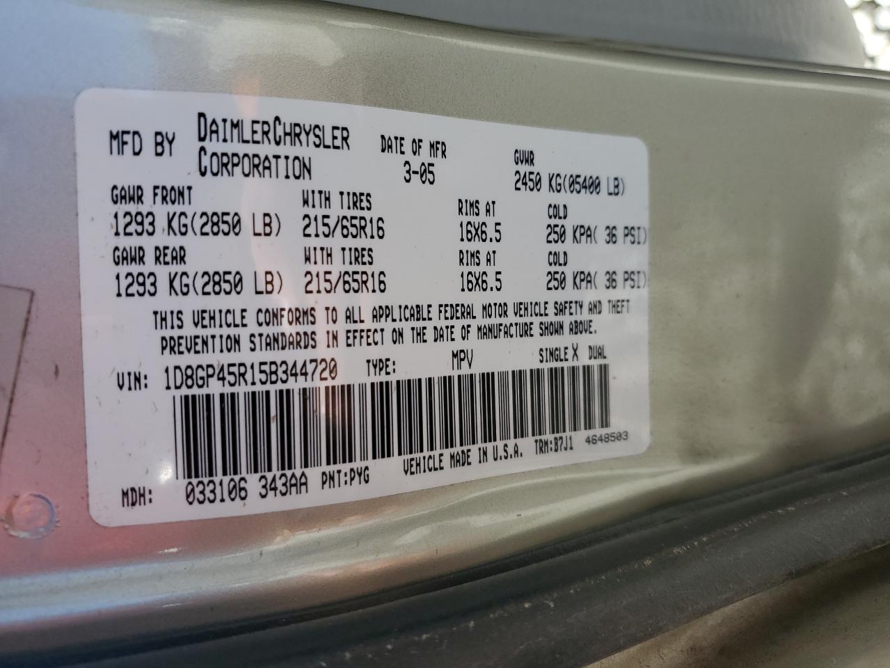 2005 Dodge Caravan VIN 1D8GP45R15B344720 Copart auction photo, all over damage thumbnail 13