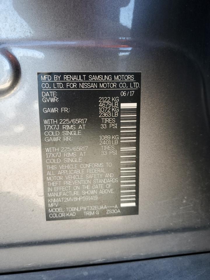 2017 Nissan Rogue VIN KNMAT2MV8HP591419 Copart auction photo, rear end / minor dent/scratches damage thumbnail 13
