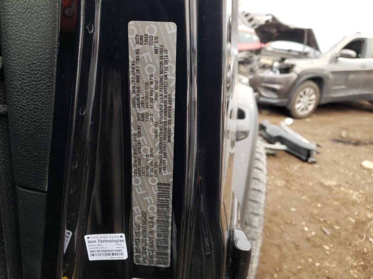 2021 Jeep Wrangler VIN 1C4HJXDN6MW645852 Copart auction photo, front end / side damage thumbnail 14