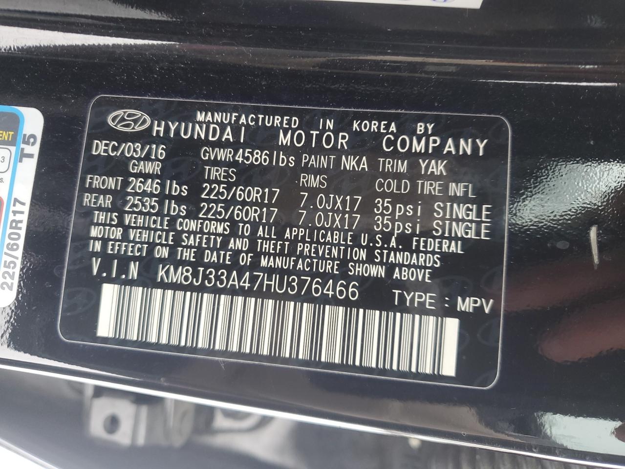 2017 Hyundai Tucson VIN KM8J33A47HU376466 Copart auction photo, front end / rear end damage thumbnail 13