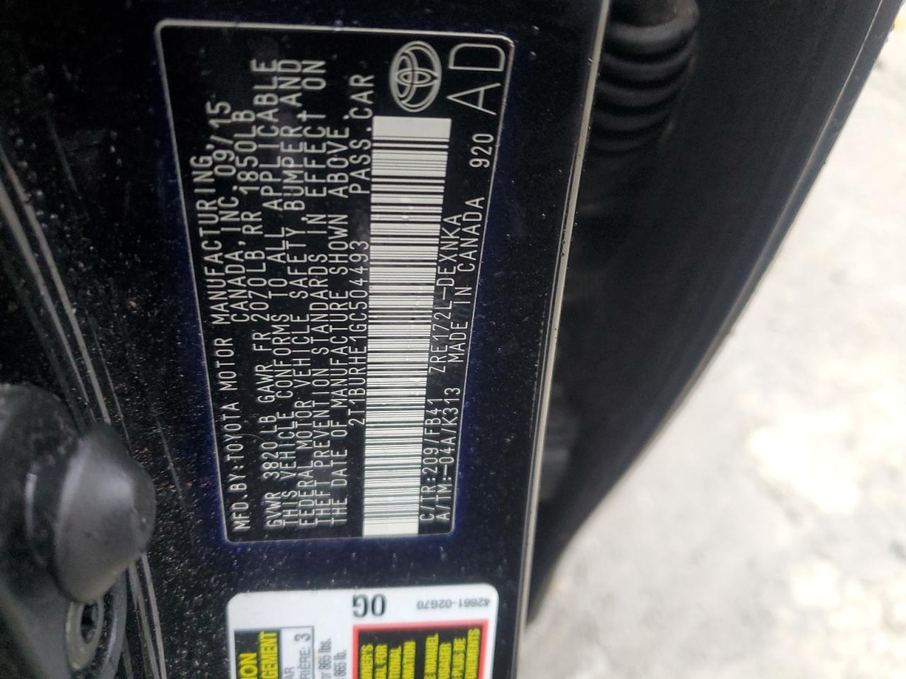 2016 Toyota Corolla VIN 2T1BURHE1GC504493 Copart auction photo, rear end damage thumbnail 12