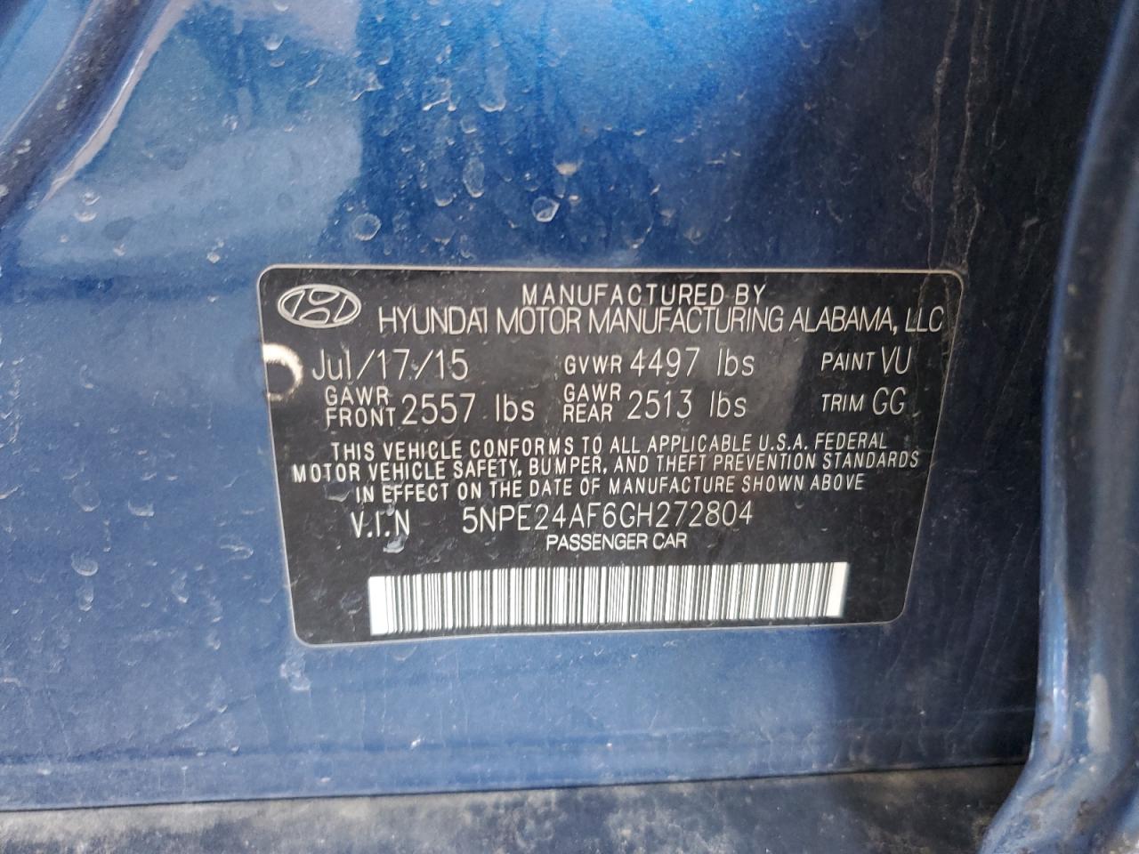 2016 Hyundai Sonata VIN 5NPE24AF6GH272804 Copart auction photo, front end / side damage thumbnail 12
