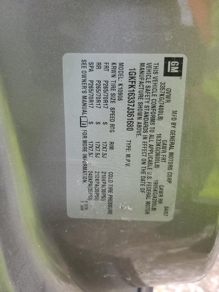 2007 GMC Yukon VIN 1GKFK16337J361680 Copart auction photo, front end / mechanical damage thumbnail 15