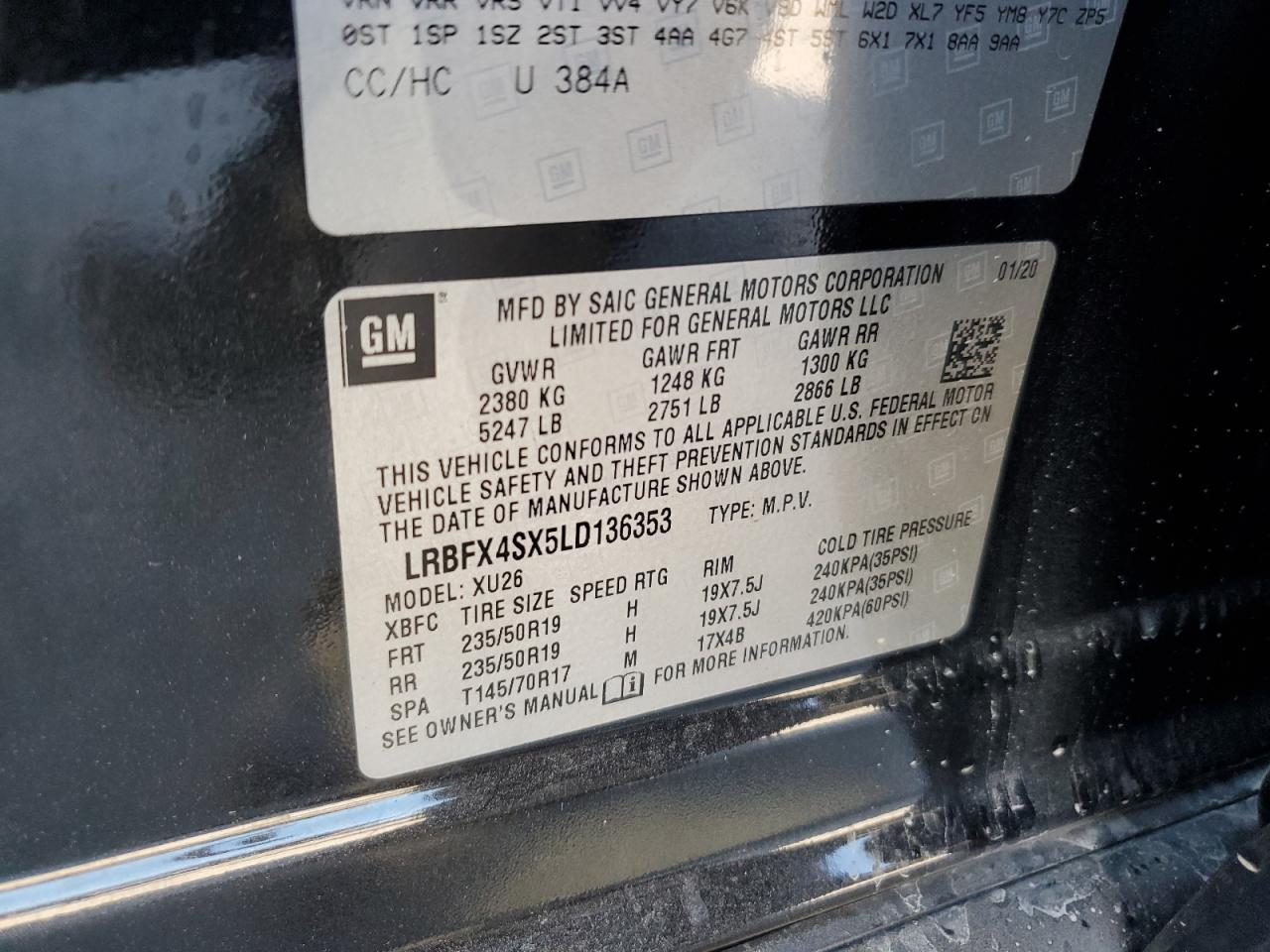 2020 Buick Envision VIN LRBFX4SX5LD136353 Copart auction photo, rollover damage thumbnail 15