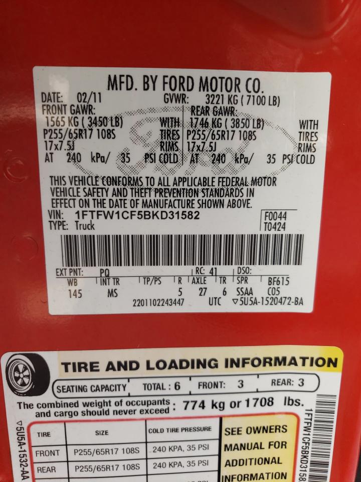 2011 Ford F-150 VIN 1FTFW1CF5BKD31582 Copart auction photo, front end / side damage thumbnail 12