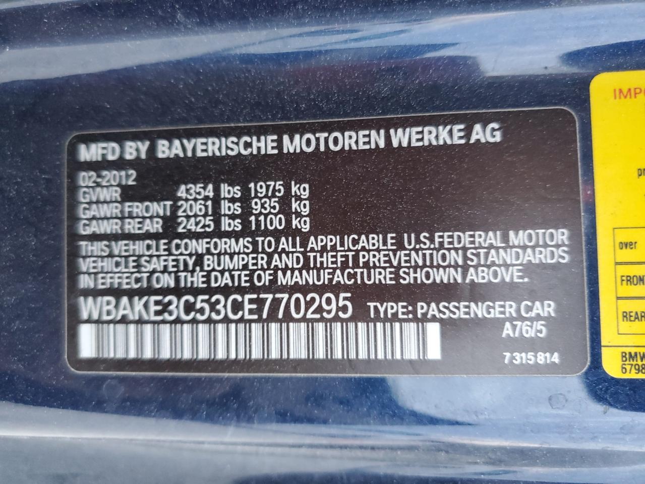 2012 BMW 3er VIN WBAKE3C53CE770295 Copart auction photo, rear end damage thumbnail 14