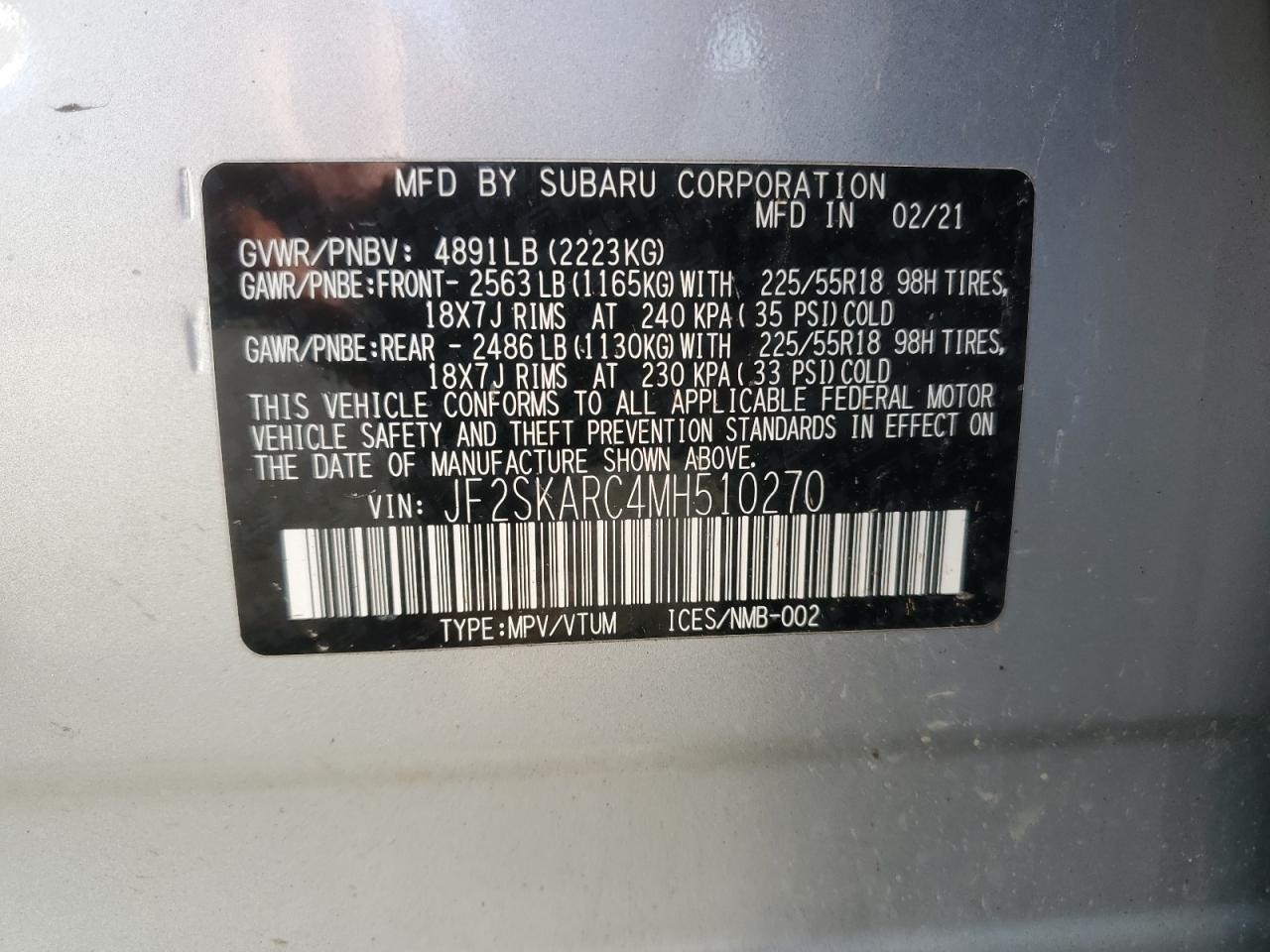 2021 Subaru Forester VIN JF2SKARC4MH510270 Copart auction photo, side damage thumbnail 13
