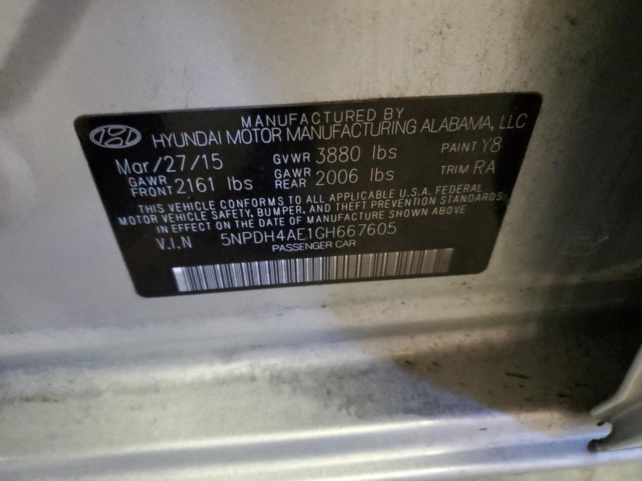 2016 Hyundai Elantra VIN 5NPDH4AE1GH667605 Copart auction photo, front end / minor dent/scratches damage thumbnail 12