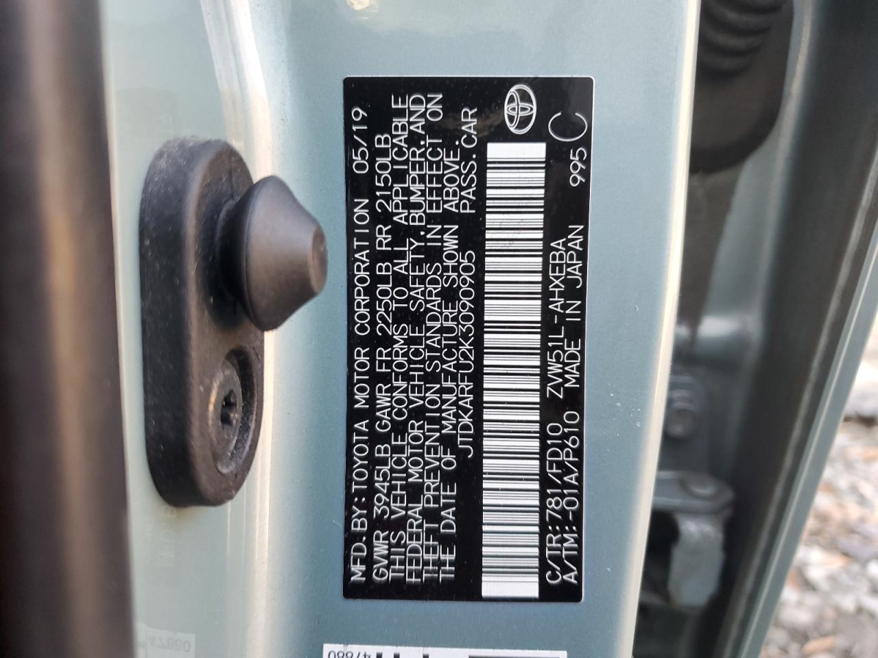 2019 Toyota Prius VIN JTDKARFU2K3090905 Copart auction photo, front end damage thumbnail 14