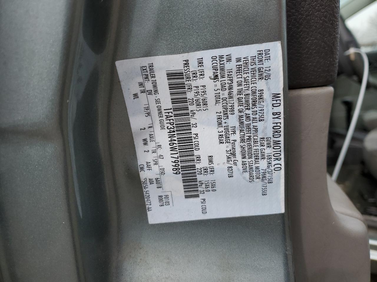 2006 Ford Focus VIN 1FAFP34N46W179989 Copart auction photo, rear end / front end damage thumbnail 14