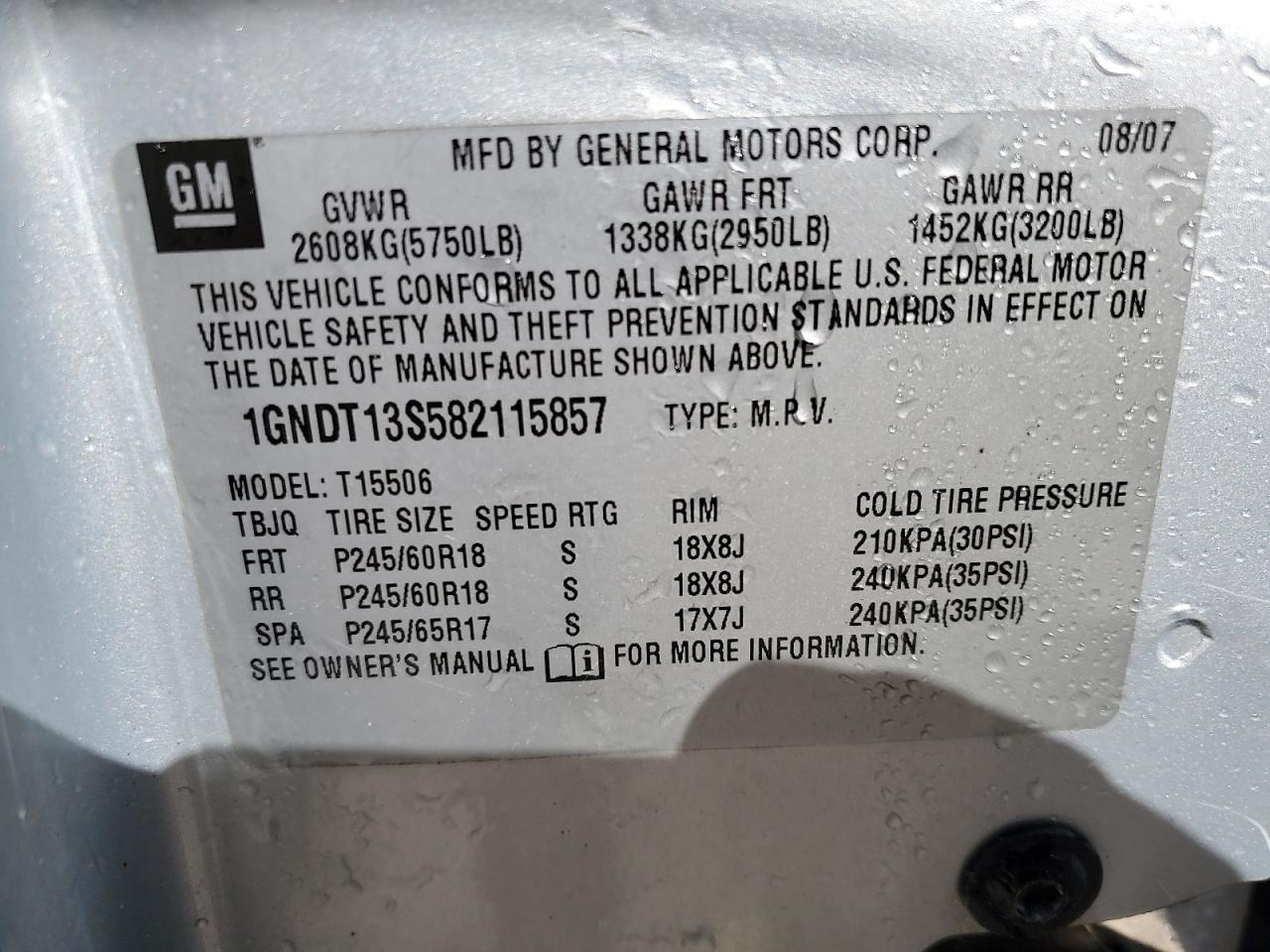 2008 Chevrolet TrailBlazer VIN 1GNDT13S582115857 Copart auction photo, front end damage thumbnail 12