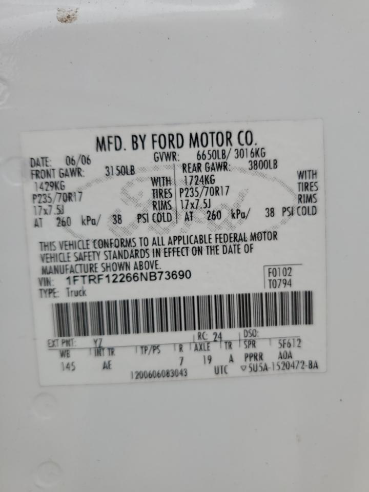 2006 Ford F-150 VIN 1FTRF12266NB73690 Copart auction photo, water/flood damage thumbnail 13