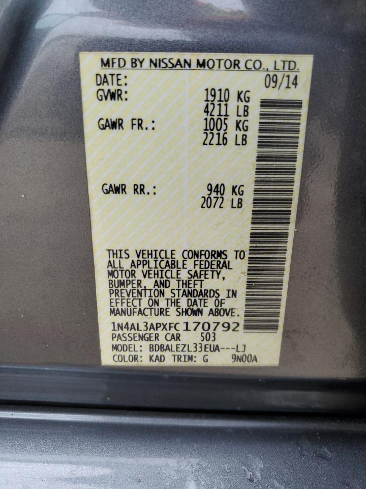 2015 Nissan Altima VIN 1N4AL3APXFC170792 Copart auction photo, side / front end damage thumbnail 12