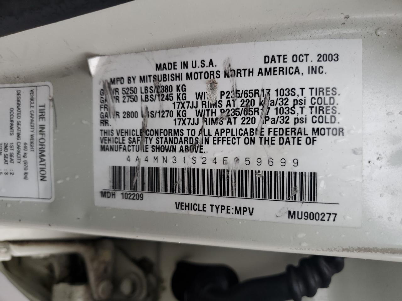 2004 Mitsubishi Endeavor VIN 4A4MN31S24E059699 Copart auction photo, front end damage thumbnail 13