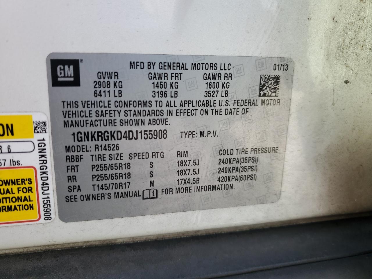 2013 Chevrolet Traverse VIN 1GNKRGKD4DJ155908 Copart auction photo, all over / mechanical damage thumbnail 13