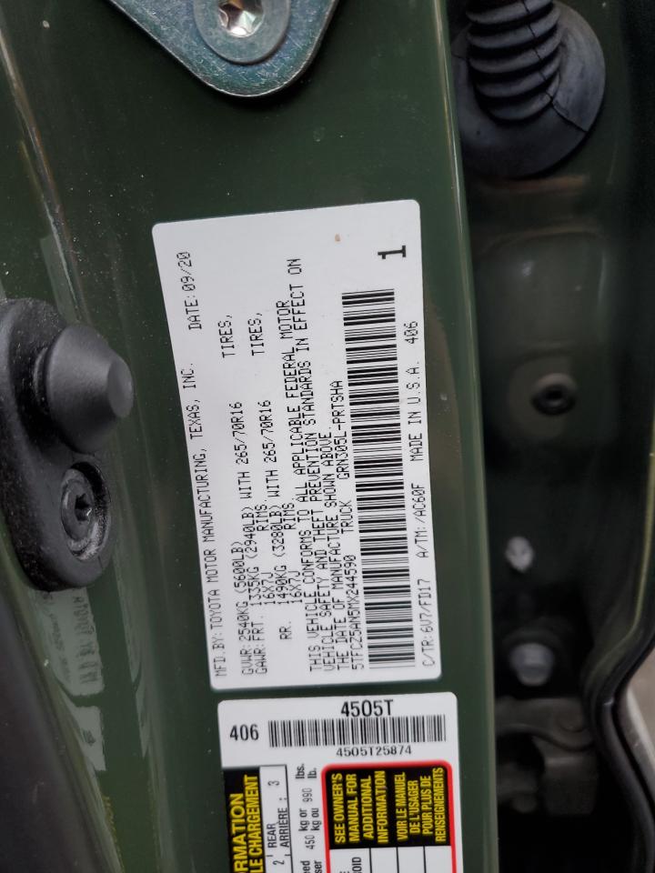 2021 Toyota Tacoma VIN 5TFCZ5AN5MX244590 Copart auction photo, rear end damage thumbnail 14