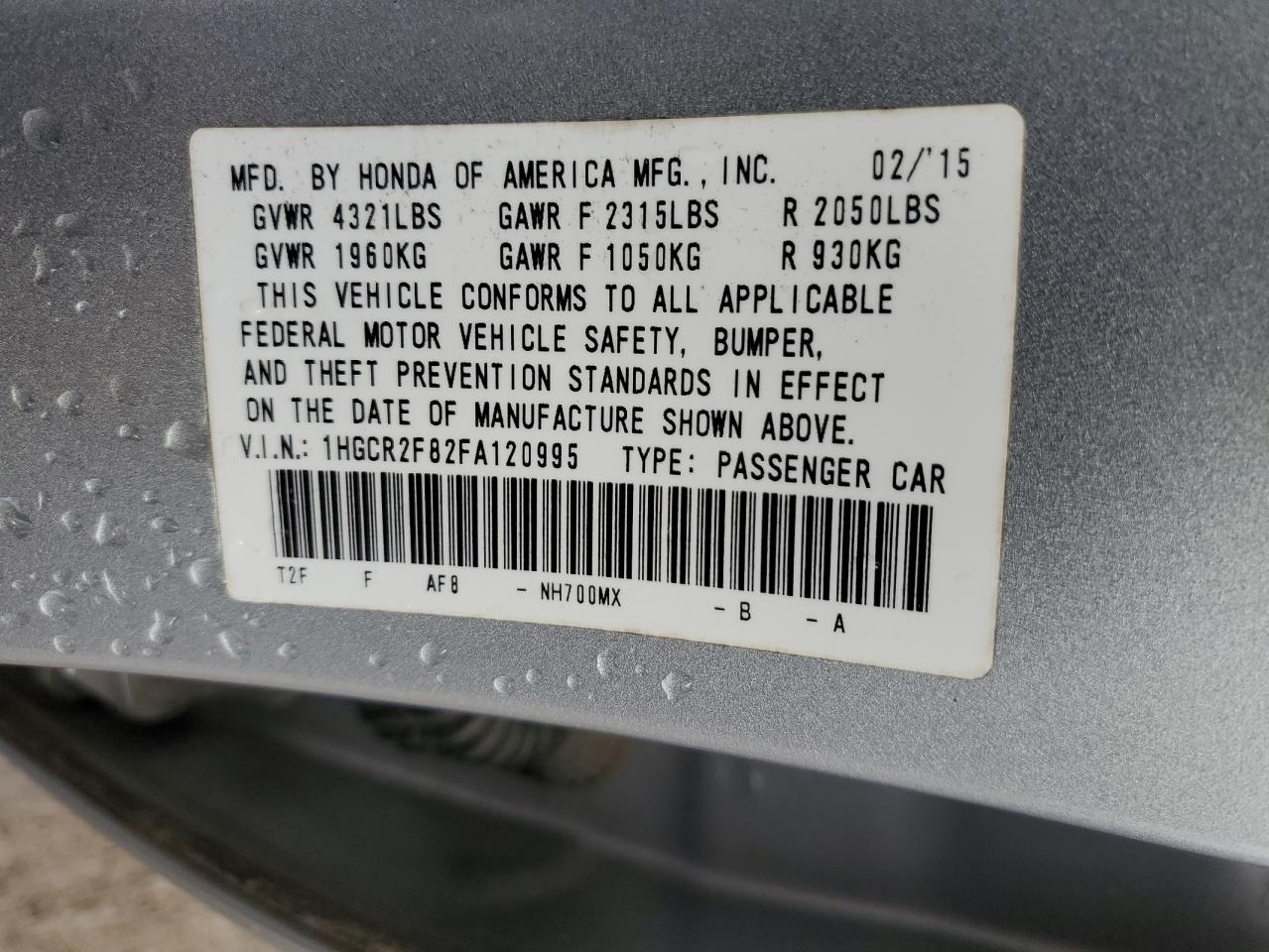 2015 Honda Accord VIN 1HGCR2F82FA120995 Copart auction photo, front end / minor dent/scratches damage thumbnail 12