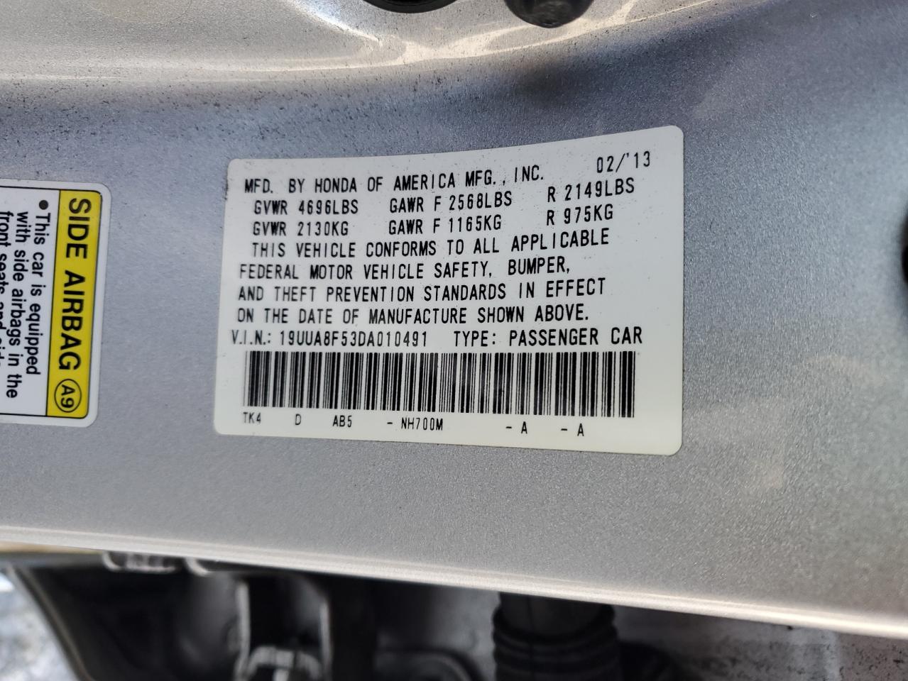 2013 Acura TL VIN 19UUA8F53DA010491 Copart auction photo, side / front end damage thumbnail 14