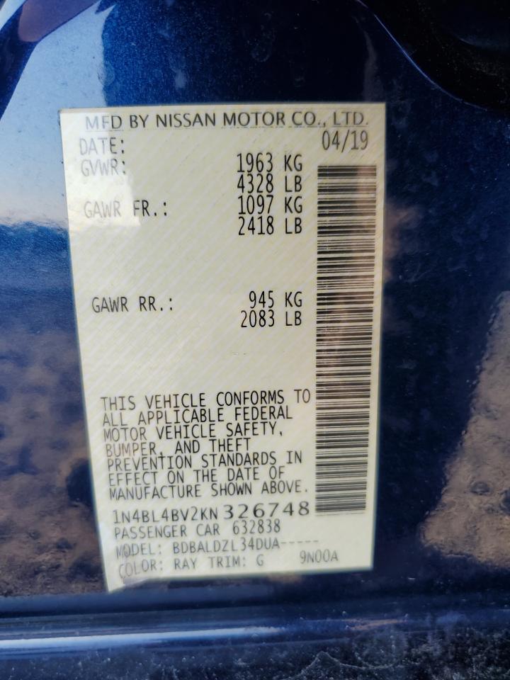 2019 Nissan Altima VIN 1N4BL4BV2KN326748 Copart auction photo, front end damage thumbnail 13