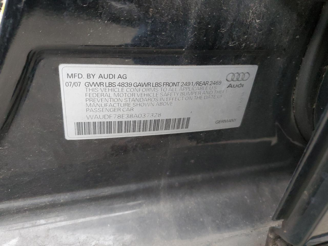 2008 Audi A4 VIN WAUDF78E38A037328 Copart auction photo, rear end damage thumbnail 12