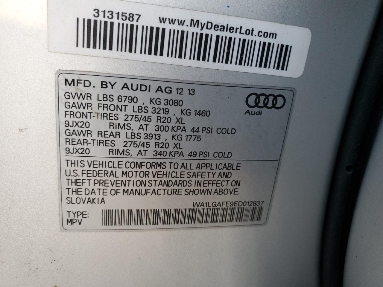 2014 Audi Q7 VIN WA1LGAFE9ED012837 Copart auction photo, minor dent/scratches damage thumbnail 13