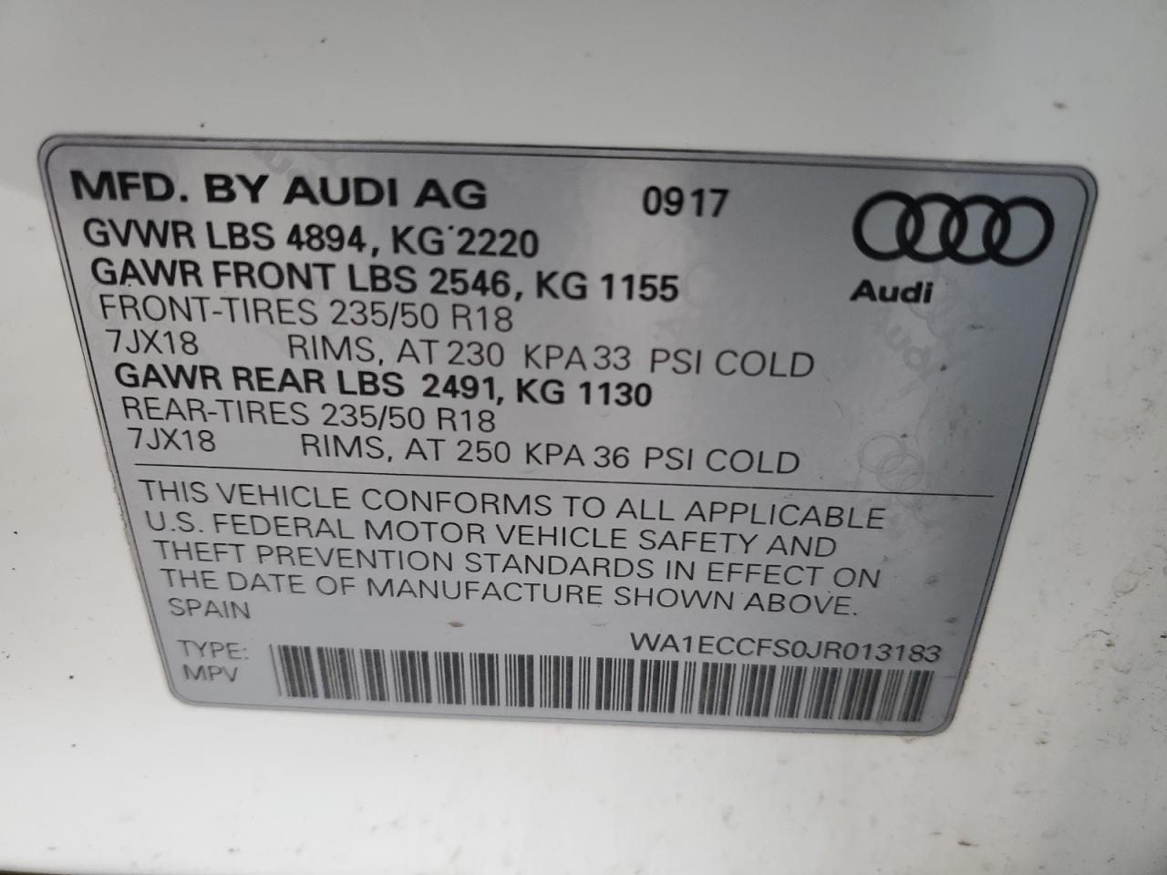 2018 Audi Q3 VIN WA1ECCFS0JR013183 Copart auction photo, front end damage thumbnail 14