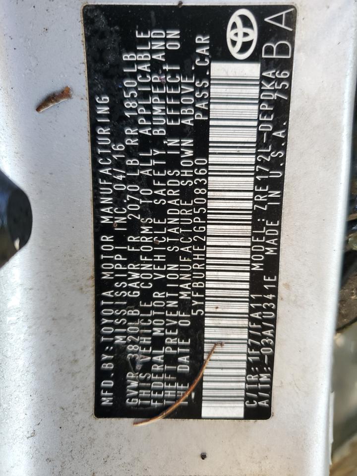 2016 Toyota Corolla VIN 5YFBURHE2GP508360 Copart auction photo, all over damage thumbnail 12