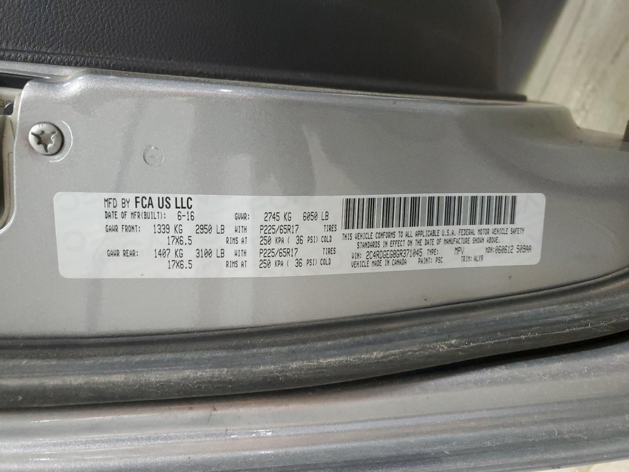 2016 Dodge Caravan VIN 2C4RDGEG8GR371045 Copart auction photo, stripped damage thumbnail 14