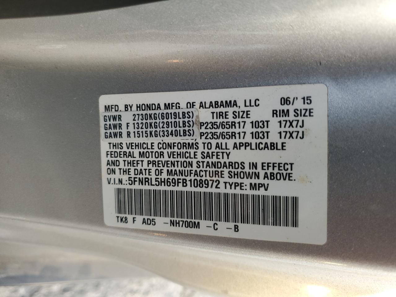 2015 Honda Odyssey VIN 5FNRL5H69FB108972 Copart auction photo, all over damage thumbnail 16