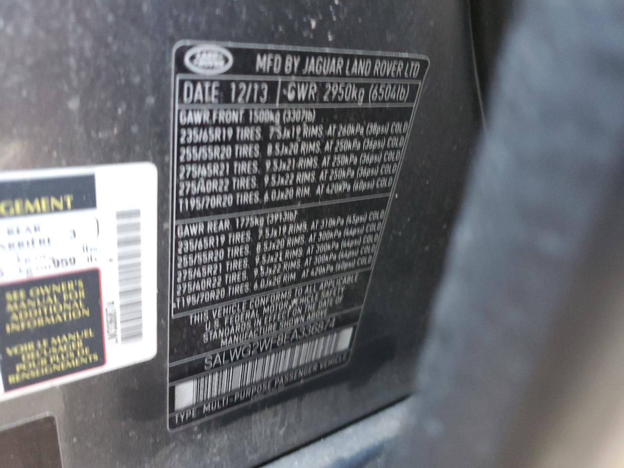 2014 Land Rover Range Rover VIN SALWG2WF8EA336874 Copart auction photo, front end damage thumbnail 13