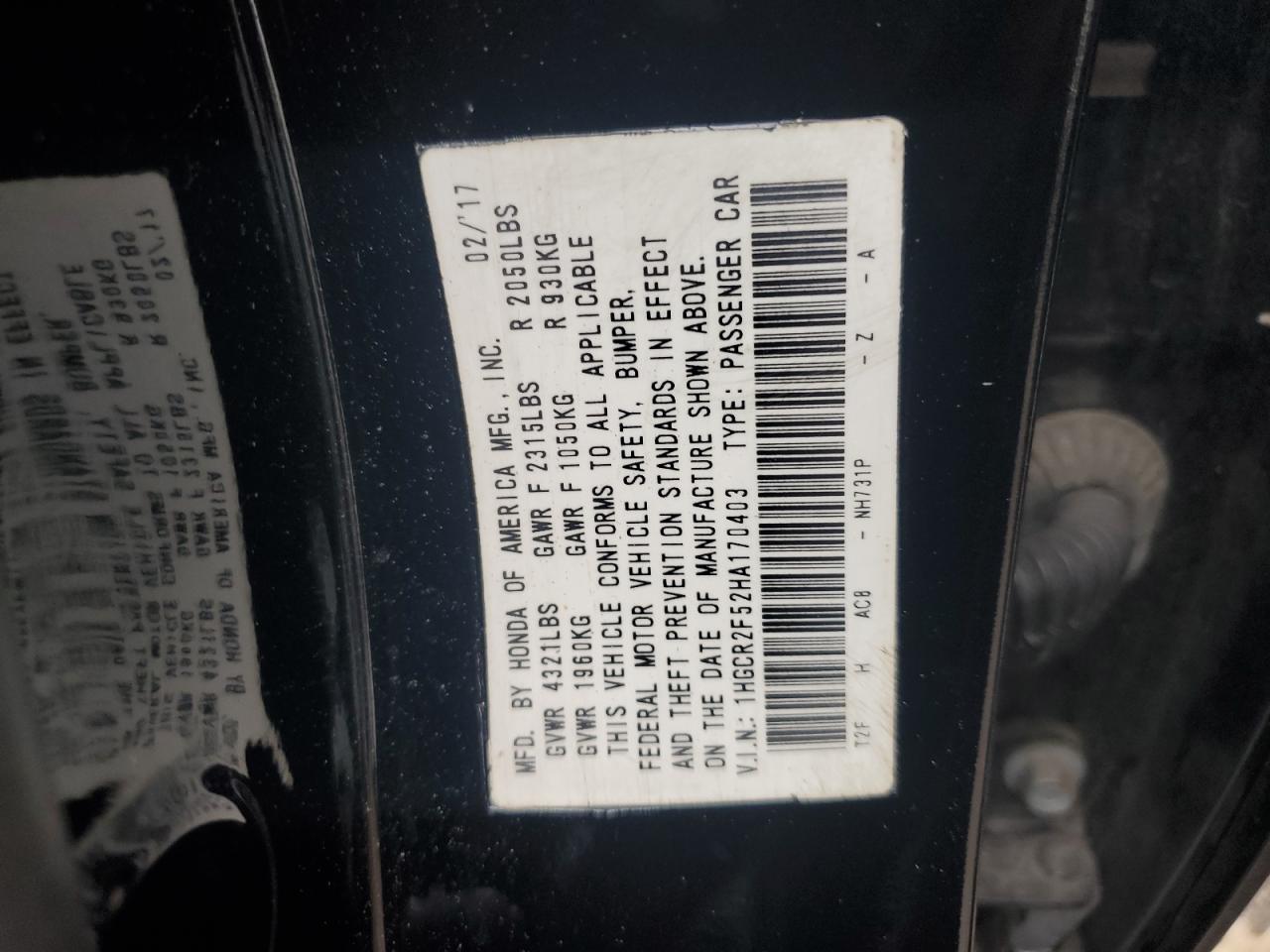 2017 Honda Accord VIN 1HGCR2F52HA170403 Copart auction photo, front end damage thumbnail 12