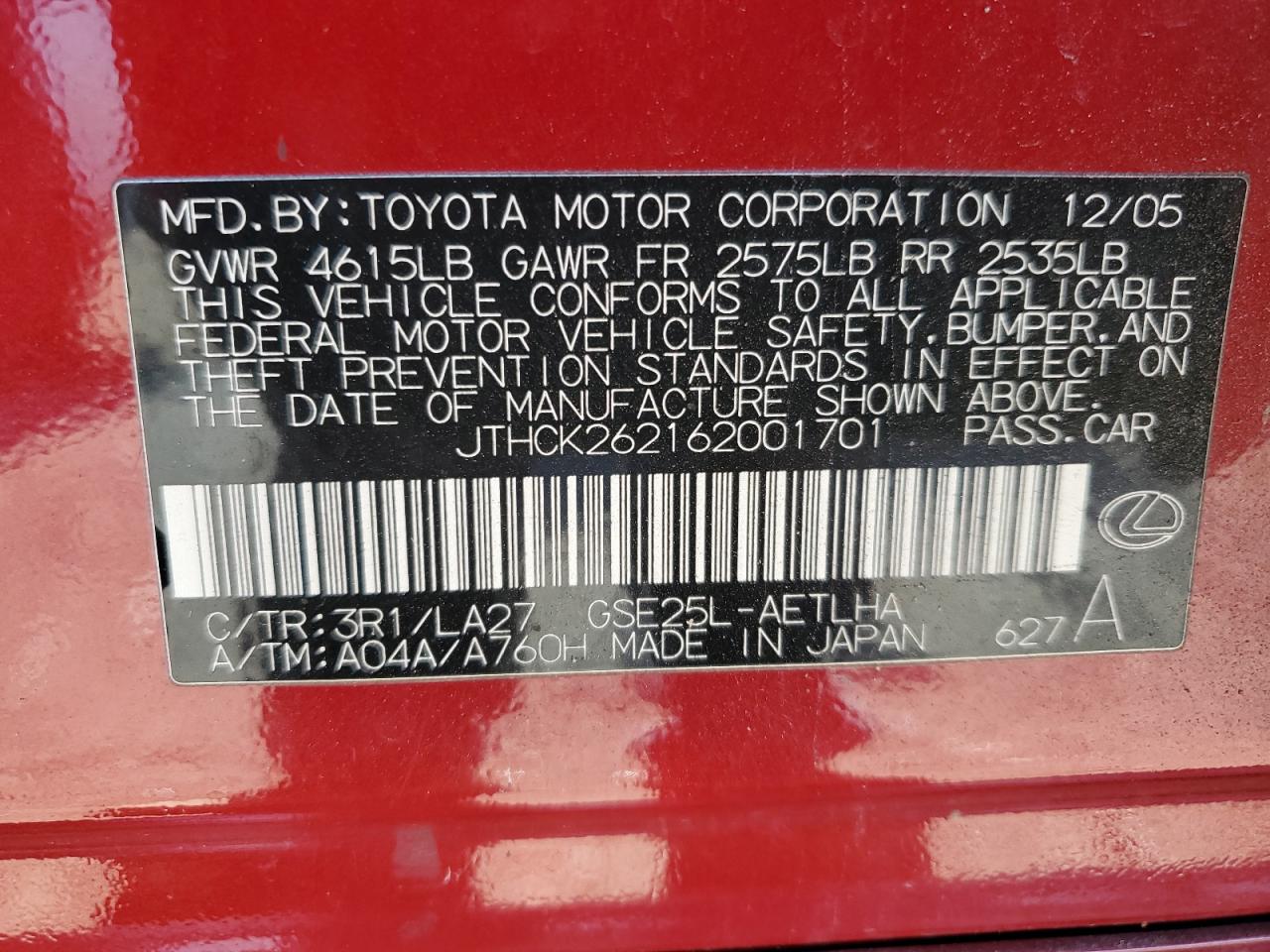 2006 Lexus IS VIN JTHCK262162001701 Copart auction photo, rear end / minor dent/scratches damage thumbnail 12