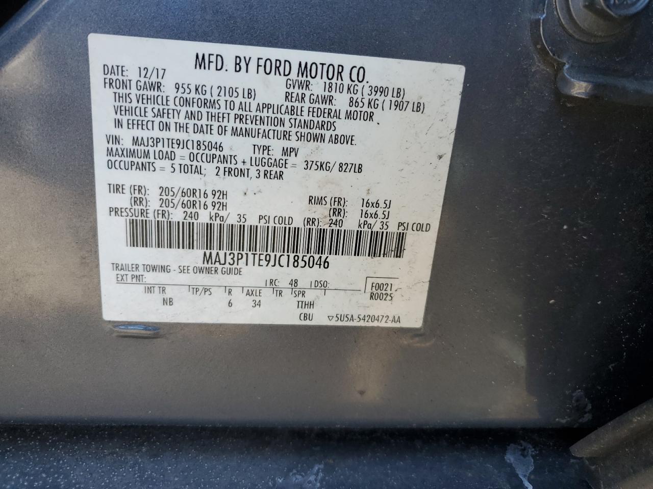 2018 Ford EcoSport VIN MAJ3P1TE9JC185046 Copart auction photo, front end damage thumbnail 13