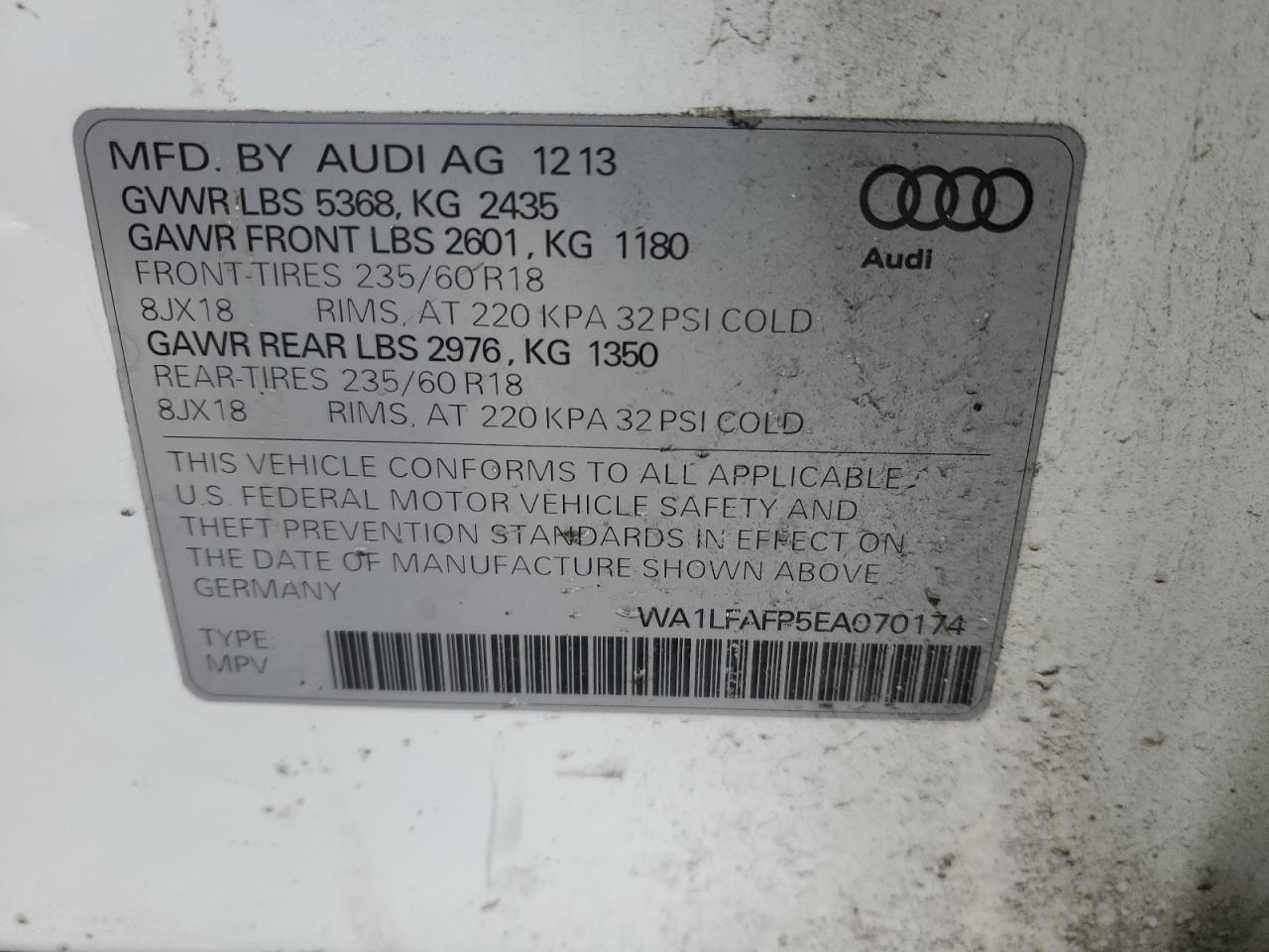 2014 Audi Q5 VIN WA1LFAFP5EA070174 Copart auction photo, front end / minor dent/scratches damage thumbnail 16