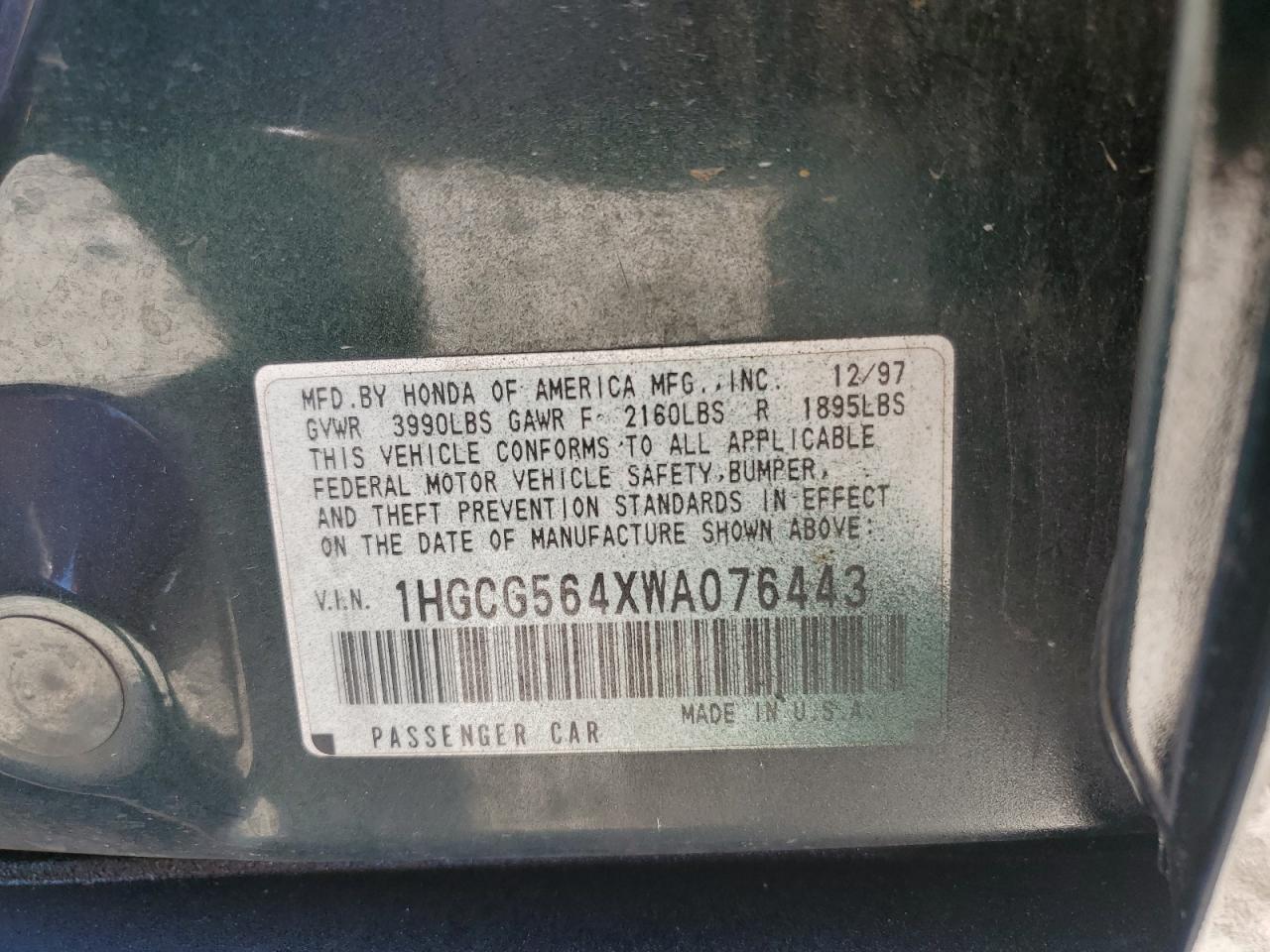 1998 Honda Accord VIN 1HGCG564XWA076443 Copart auction photo, top/roof / front end damage thumbnail 12
