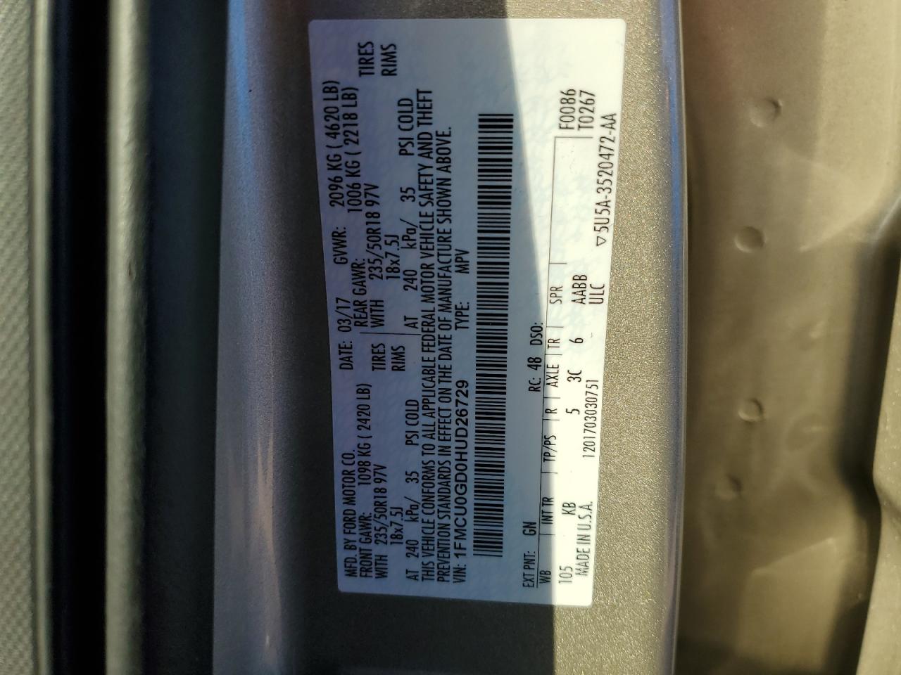 2017 Ford Escape VIN 1FMCU0GD0HUD26729 Copart auction photo, front end damage thumbnail 13
