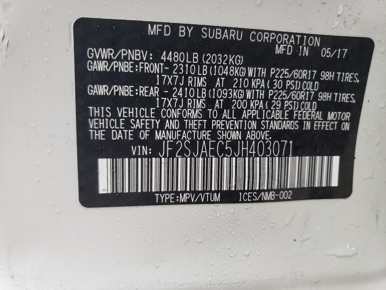 2018 Subaru Forester VIN JF2SJAEC5JH403071 Copart auction photo, side damage thumbnail 12